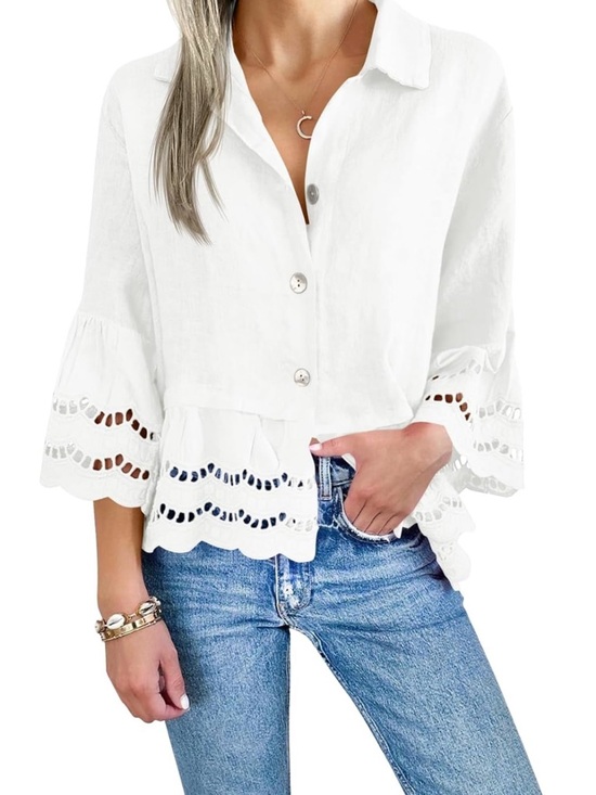 Tops - White Eyelet Button-Front Blouse